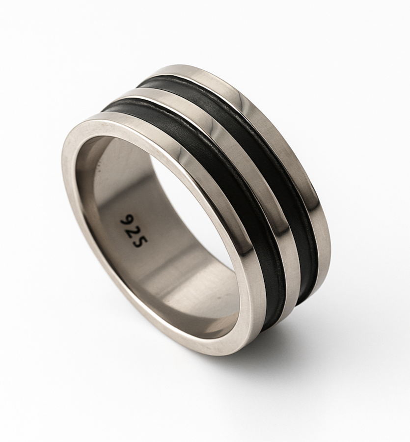 Oxidised Double Lined Sterling Silver Matte Band