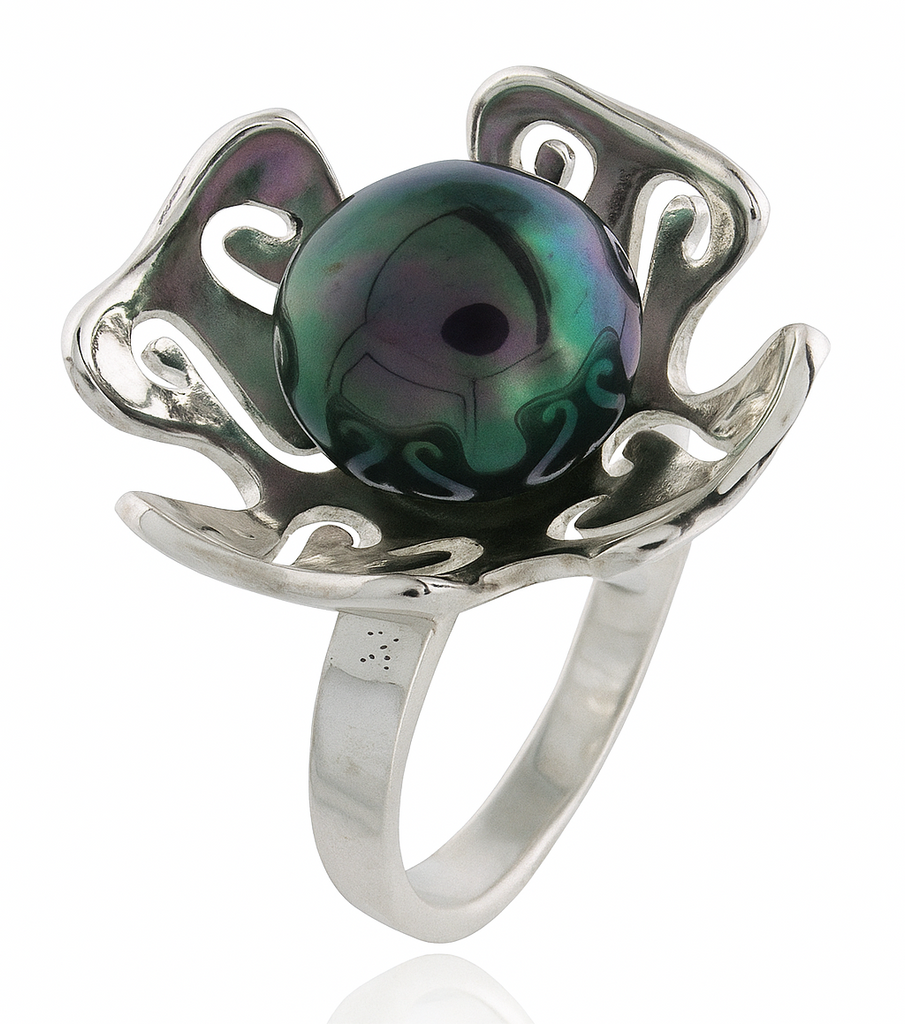 Black Pearl Flower Sterling Silver Ring