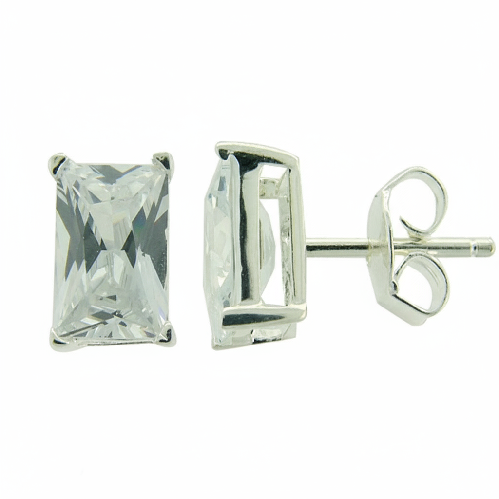 Cubic Zirconia 6mm Rectangle  Sterling Silver Studs