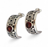 Garnet Balinese Sterling Silver Hoop