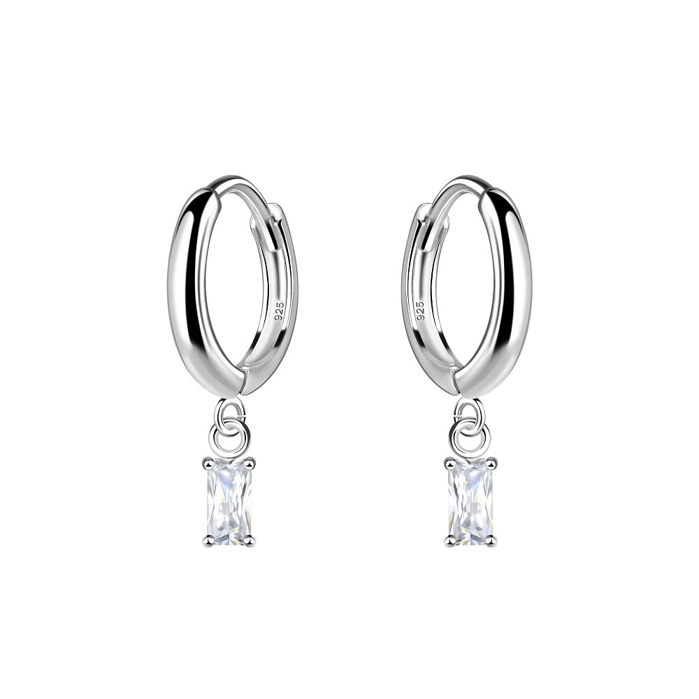 Silver Baguette Cubic Zirconia Charm 2x4mm Huggie Earrings