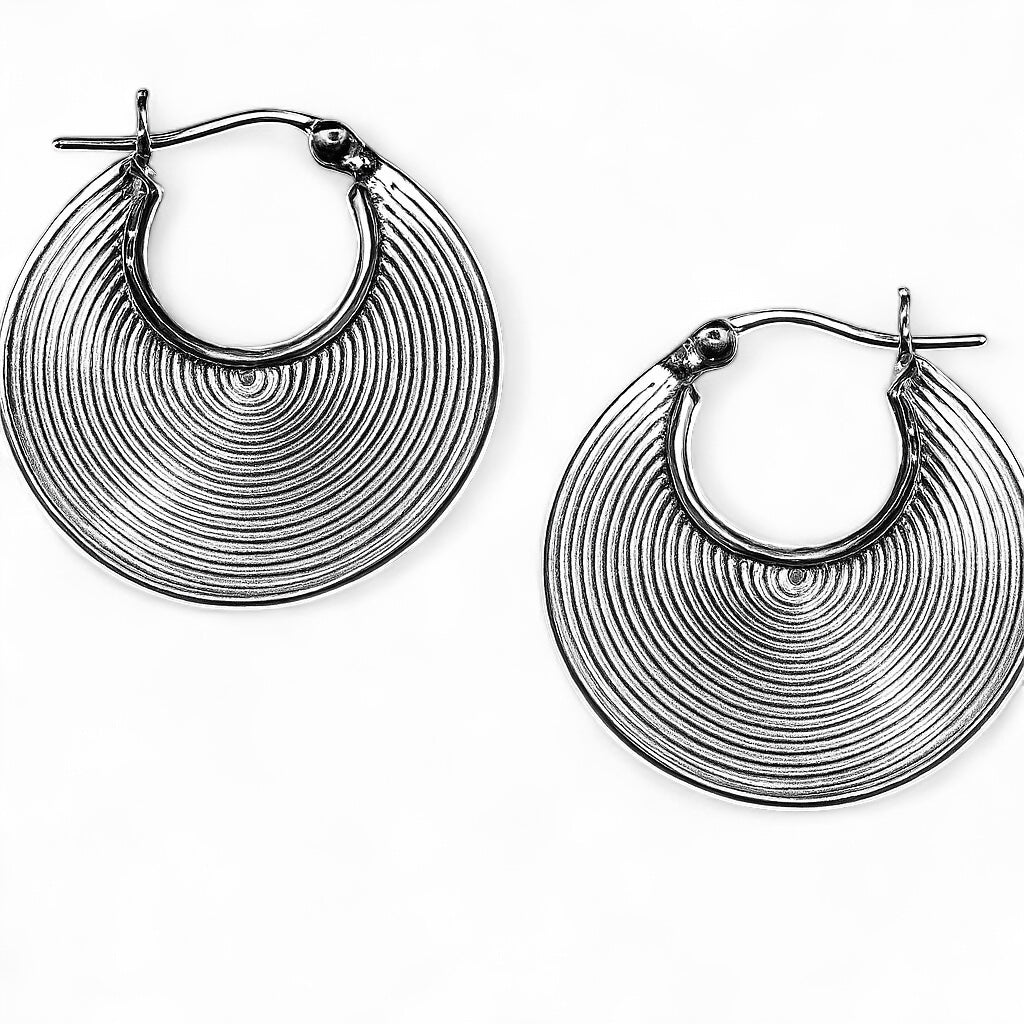 Hoop Oxidized Brushed Silver Open Disc Drop Earrings