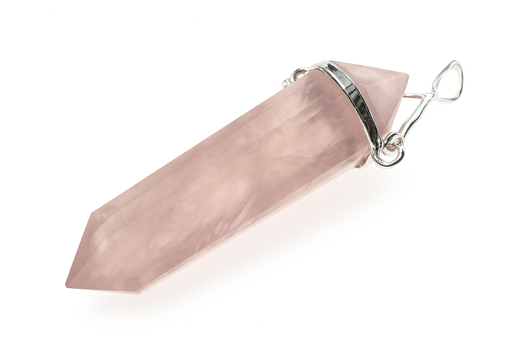 Crystal Rose Quartz Double Terminated .925 Sterling Silver Plated Pendant