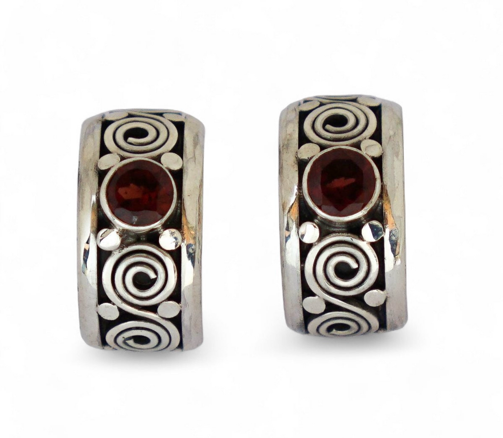 Garnet Balinese Sterling Silver Hoop