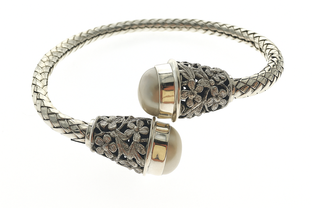 Pearl Tipped Weaved .925 Sterling Silver Cuff