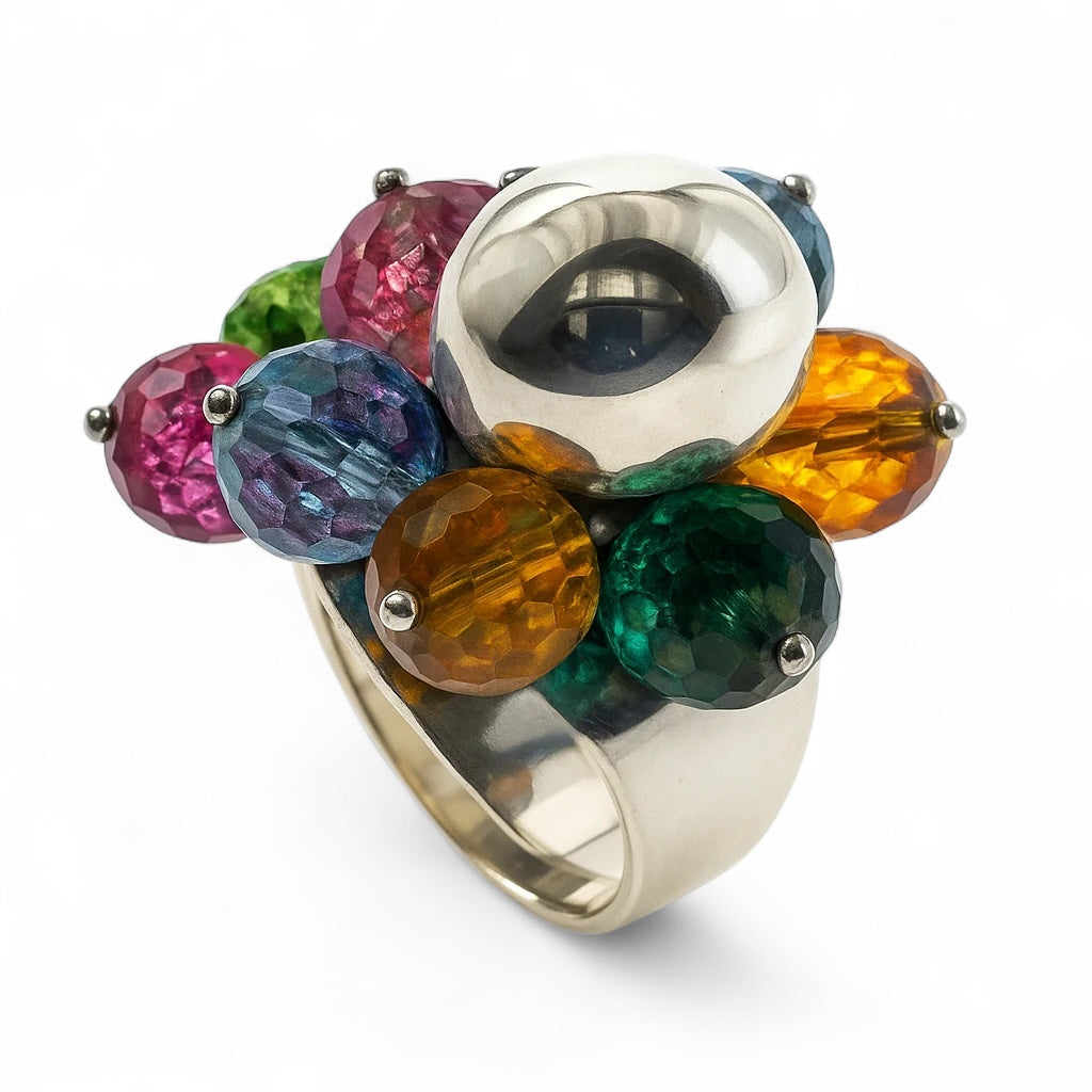 Coloured Beaded Sterling Silver Flower Ring