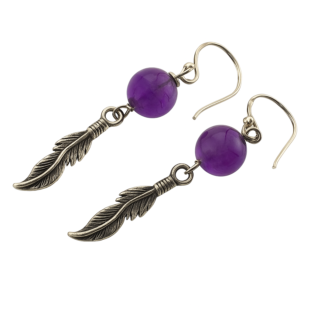 Amethyst .925 Feather and Ball Earrings
