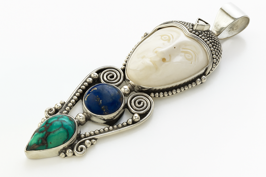 Lapis & Turquoise Bone Face .925 Sterling Silver Scroll
