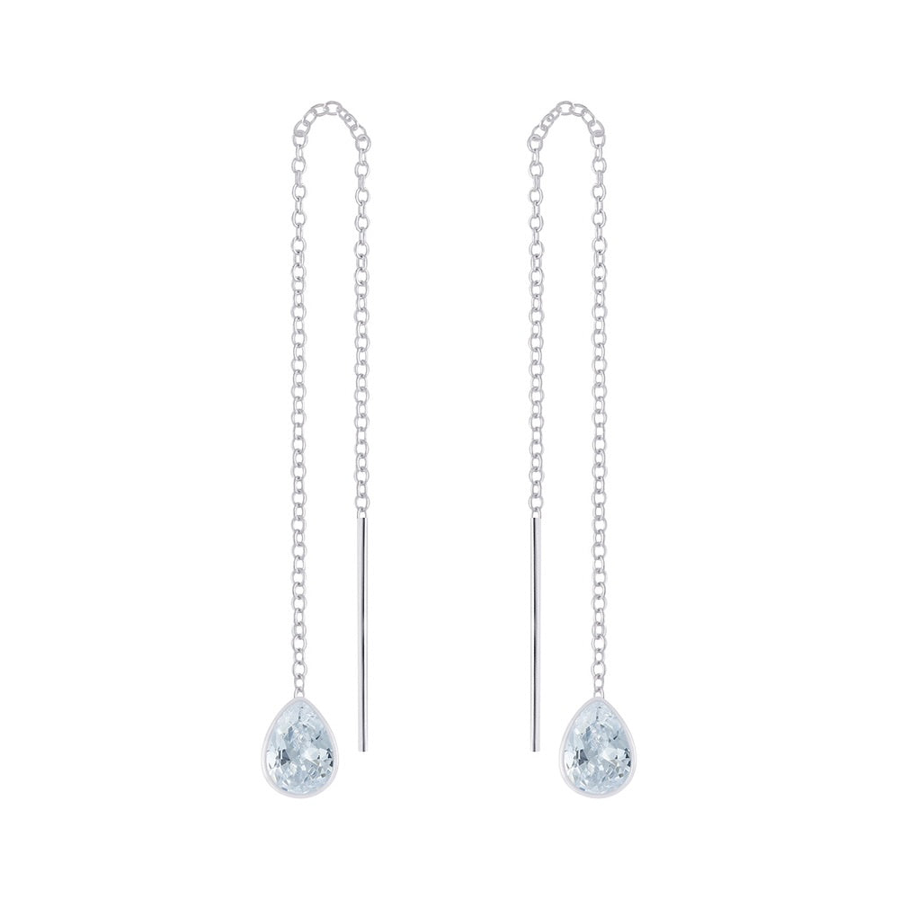 Silver 4X6 Pear Cubic Zirconia Silver Thread Through Earrings