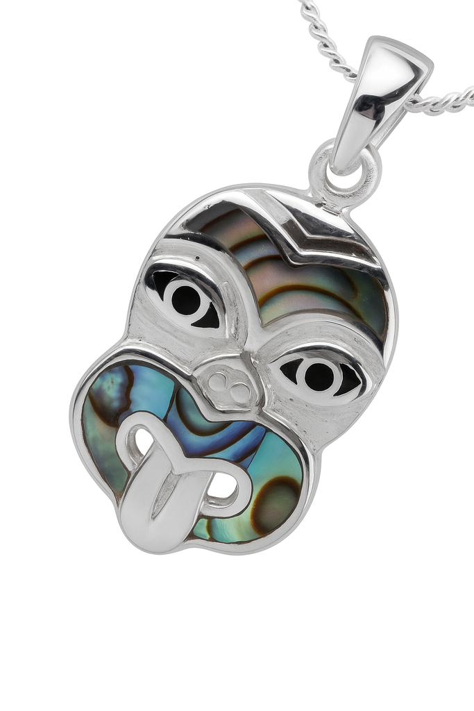 Paua Tiki Head Sterling Silver Charm Pendant