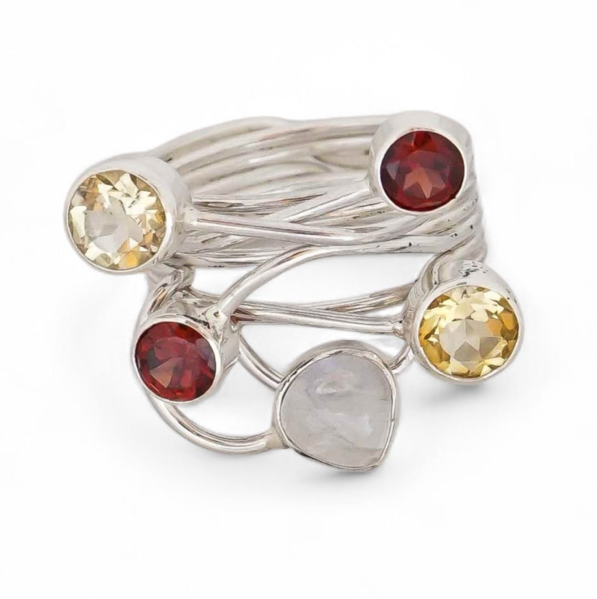 Garnet, Citrine & Moonstone Sterling Silver Ring