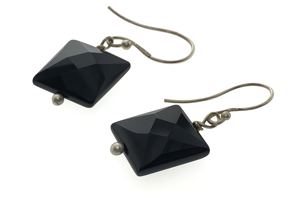 Black Faceted Square Sterling Silver Earring