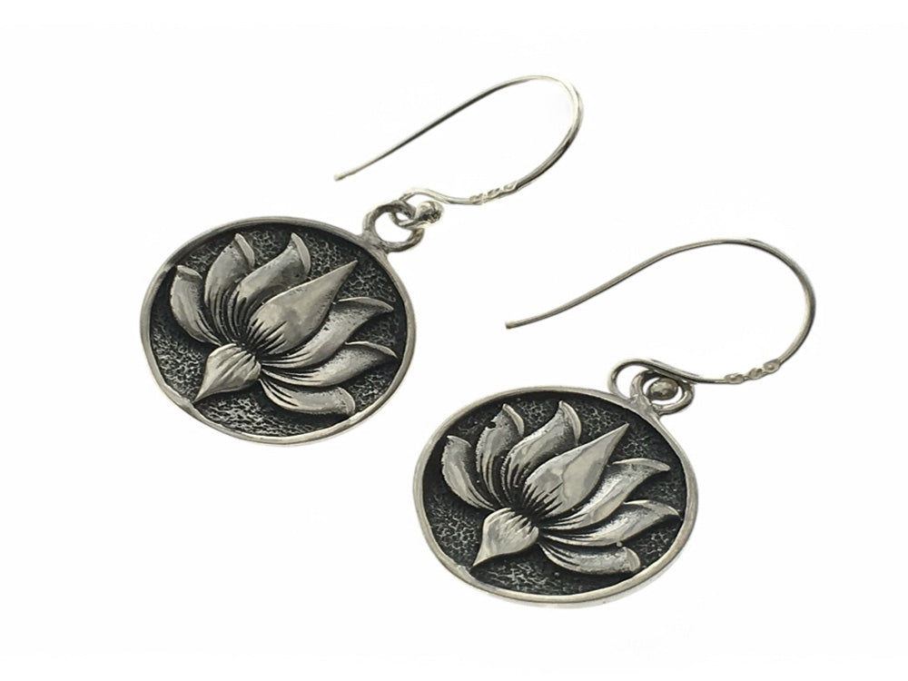 .925 Sterling Silver Round Lotus Flower Dangle Earrings