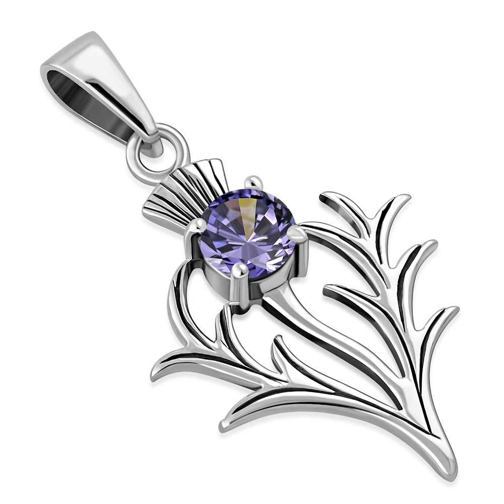 Small Silver Thistle Pendant set w/ Faceted Amethyst Stone
