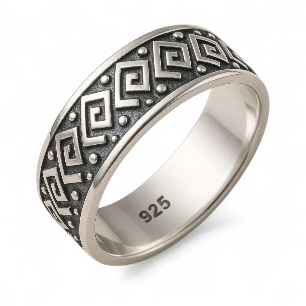 Oxidised Geometric Patterned Sterling Silver Band