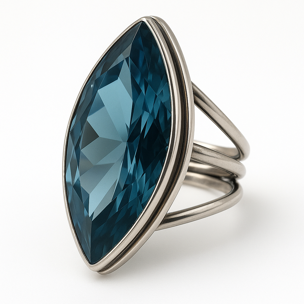 Blue Cubic Zirconia Large Canoe Sterling Silver Ring