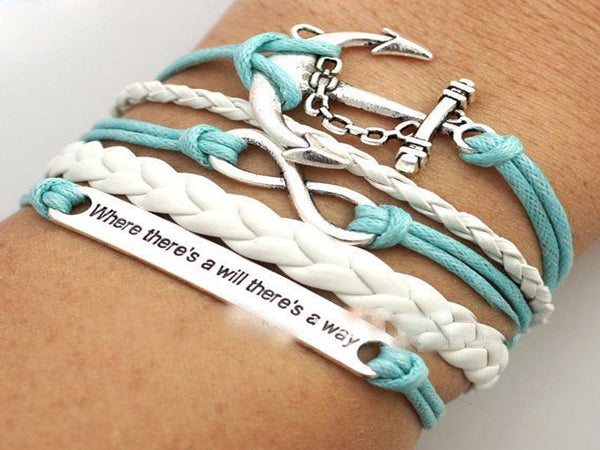 Silver Alloy Anchor Leather Suede Infinity Bracelet