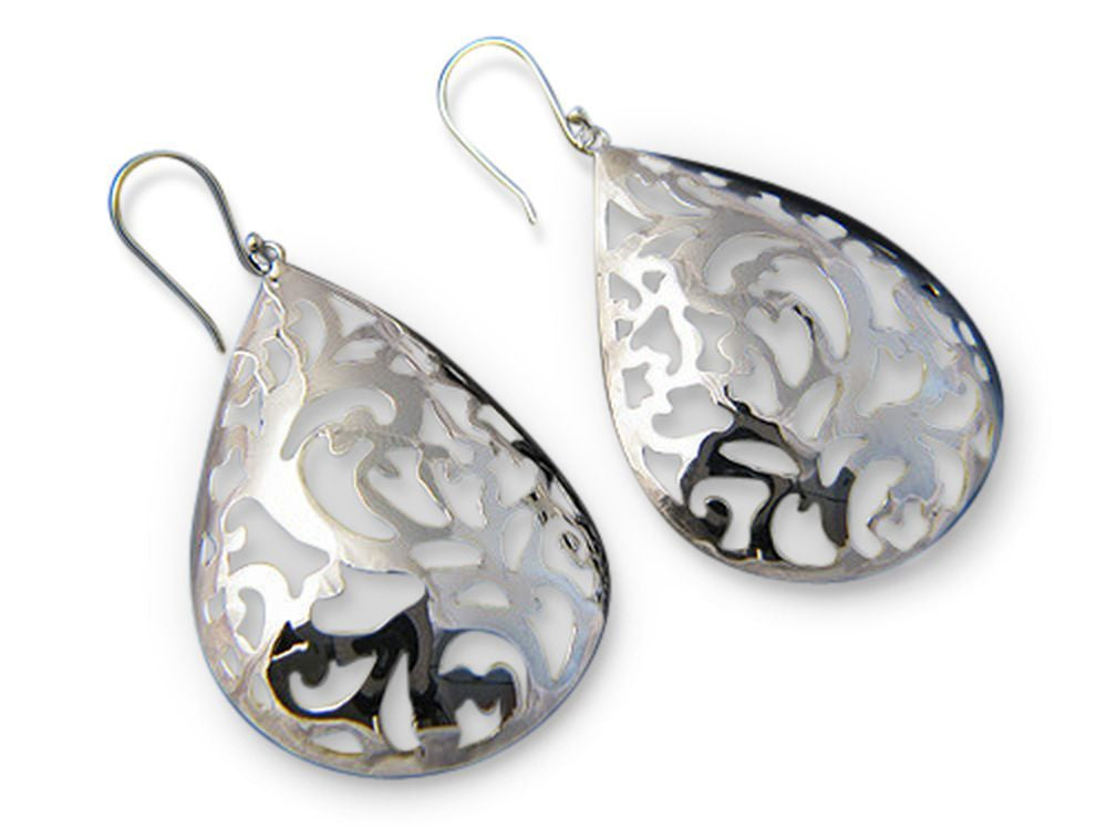 Carved 60mm Teardrop Sterling Silver Earrings - Essentially Silver Jewelry