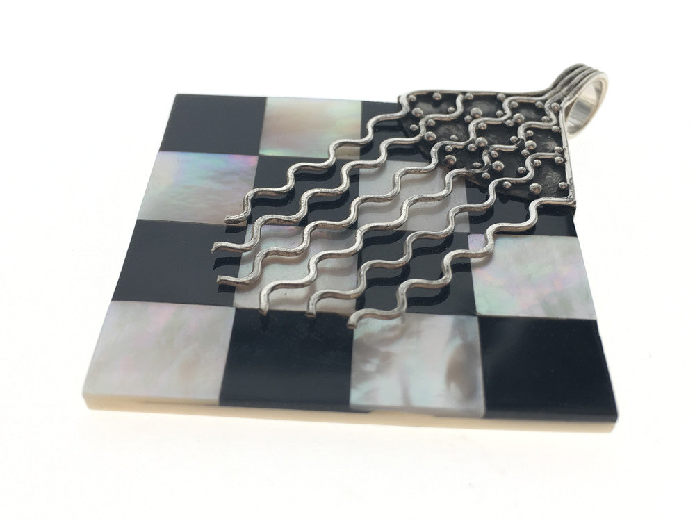 Mother of Pearl Black & White Sterling Silver Shell Pendant