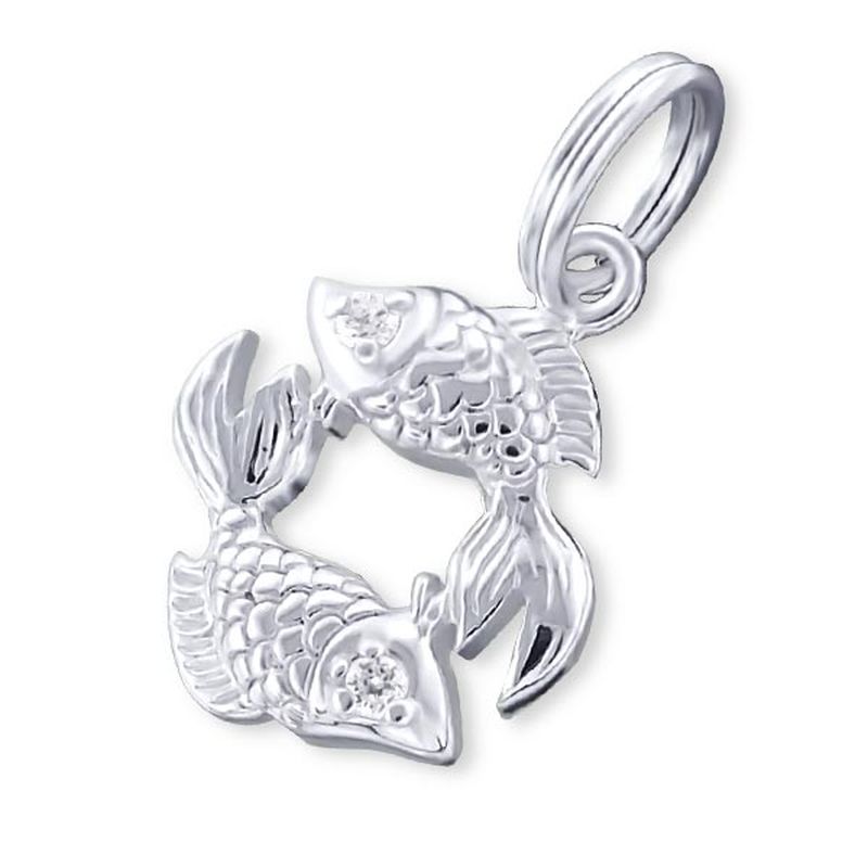 Zodiac Pices Sign Sterling Silver Charm with Split Ring with Cubic Zirconia