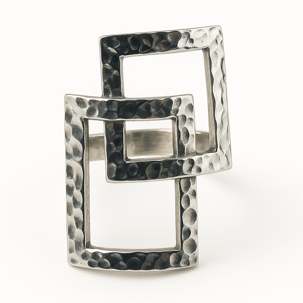 Hammered Cut out Square Sterling Silver Ring
