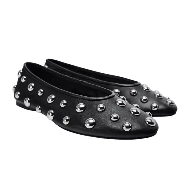 Casual Flat Ballet Sneakers and Hollow Mary Jane Shoes for Women with Silver Ball Metal Rivet