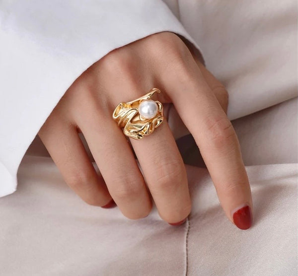 Gold Plated Tarnish Free Stainless Steel Pearl Ring