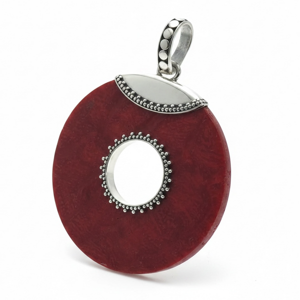 Red Coral Round Sterling Silver Pendant