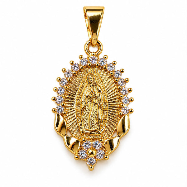 Gold Filled 18K Virgin of Guadalupe Pendant with CZ Floral Accent (A381)