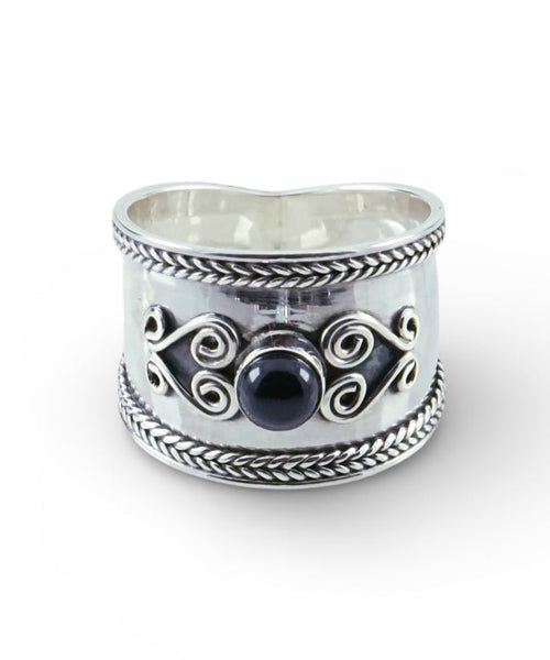 Onyx Sterling Silver Ornate Front Ring