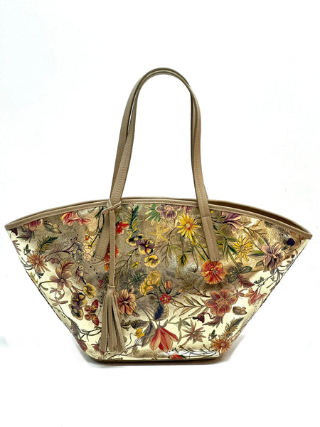 Italian Oversized Floral Print Leather Shopper Tote