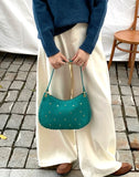 Italian Studded Suede Half Moon Shoulder Bag
