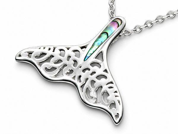 Sterling Silver Paua Shell Whale Tail Pendant - .925 Silver Filigree Pendant