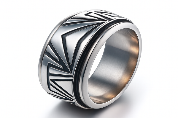 Spinning Oxidised Graphic 12mm Sterling Silver Band