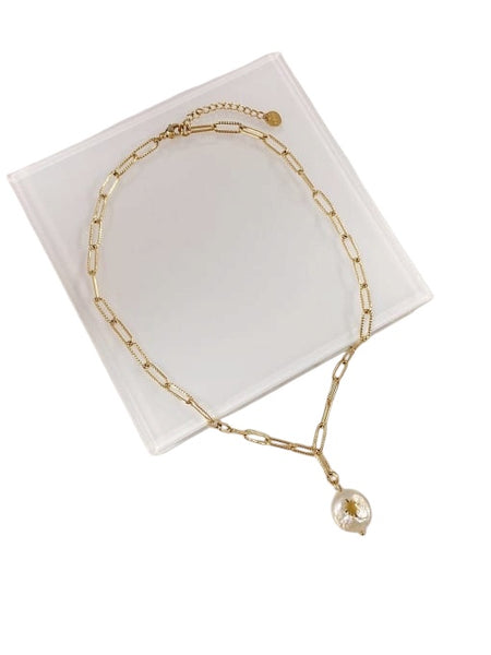 Stainless Steel Imitation Pearl Irregular Trend Link Necklace