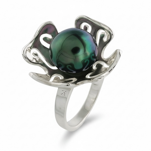 Black Pearl Flower Sterling Silver Ring