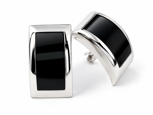 Onyx Curved Sterling Silver Earrings