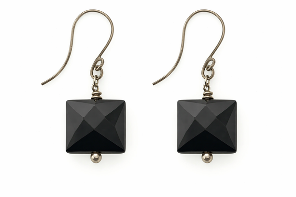 Black Faceted Square Sterling Silver Earring