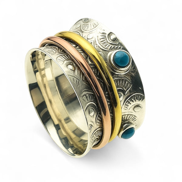 Sterling Silver & Brass Copper Turquoise Studded Spinner Ring
