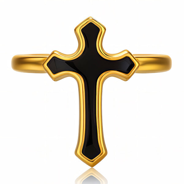 Ring, 18K Gold Plated Cross Steel Ring