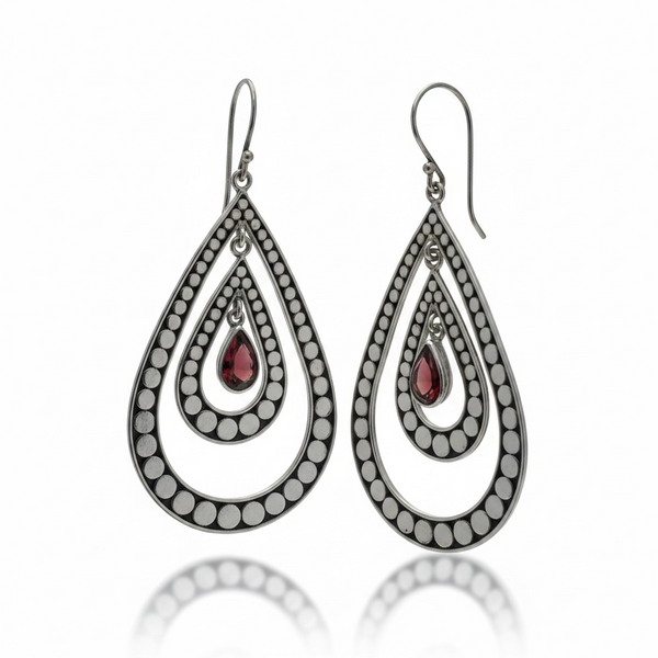 Garnet Layered Silver Dotted Sterling Silver Earring