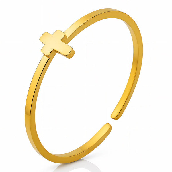 Ring, 18K Gold Plated Cross Steel Ring