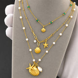 Starfish and Seashell Necklace, 18K Gold Plated Steel