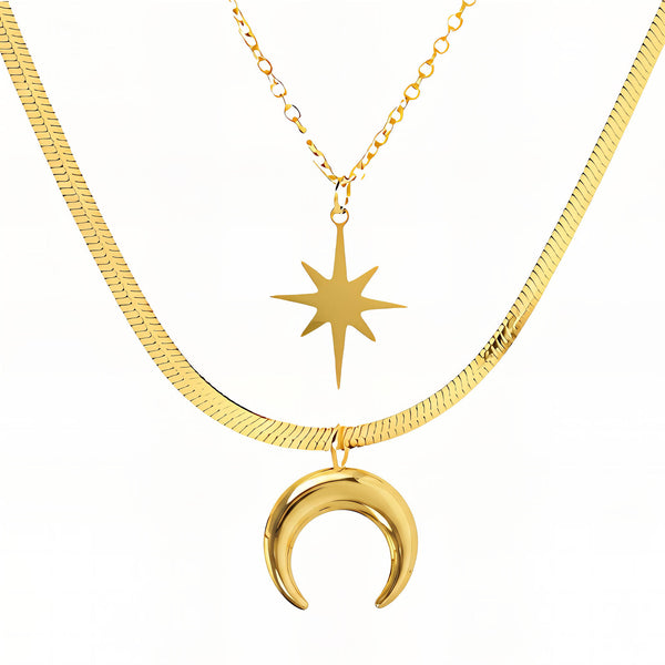 Crescent And Star Necklace, 18K Gold Plated Steel