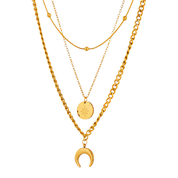 Crescent And Star Necklace, 18K Gold Plated Steel