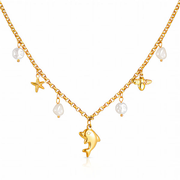 Dolphin Necklace, 18K Gold Plated Steel