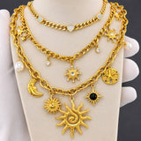 Crescent And Sun Necklace, 18K Gold Plated Steel