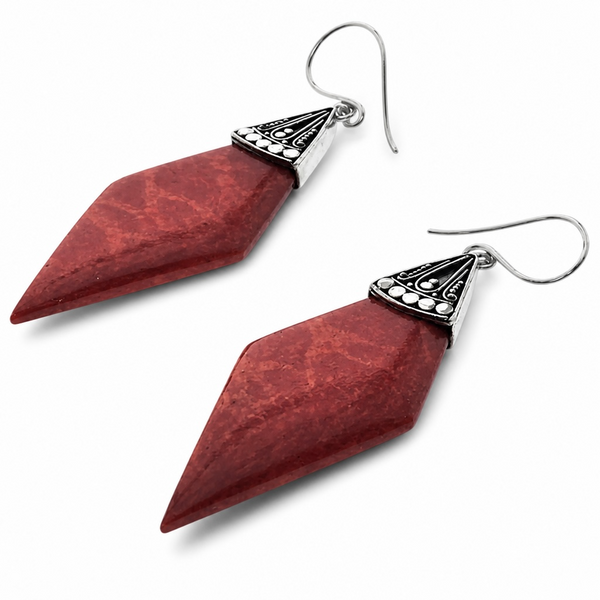 Red Coral Long Pointed Drop Sterling Silver Earrings