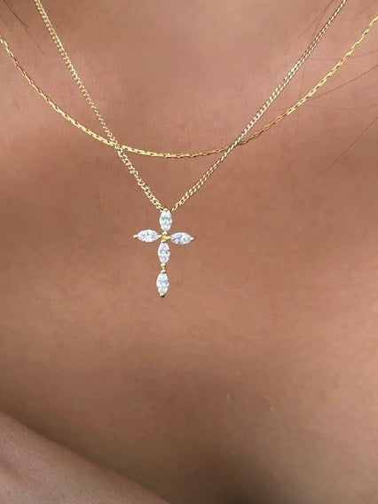 Gold Plated 925 Sterling Silver Cubic Zirconia Cross Necklace