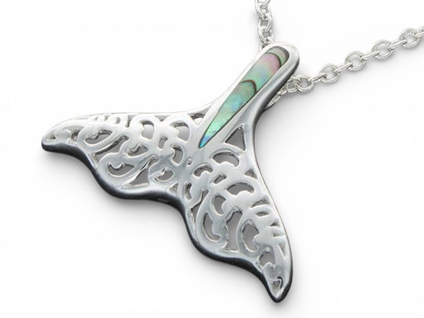 Sterling Silver Paua Shell Whale Tail Pendant - .925 Silver Filigree Pendant